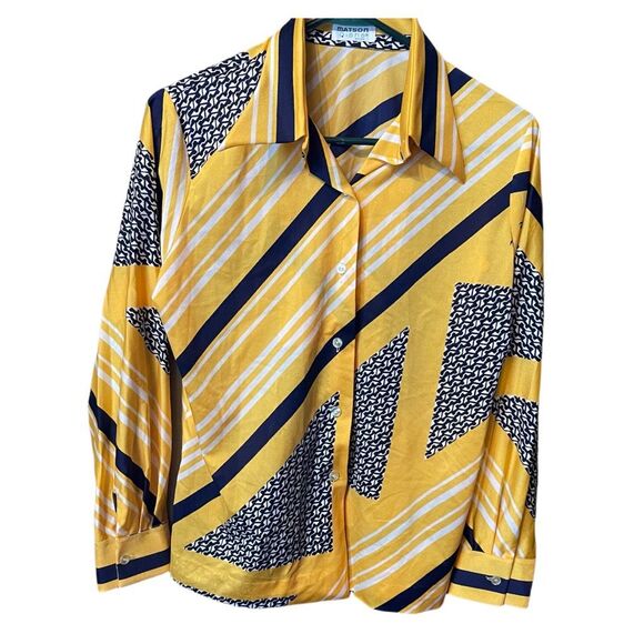 Vintage Masson Qiana size 16 top z& scarf 1970’s nylon geo print button down. - Picture 1 of 5